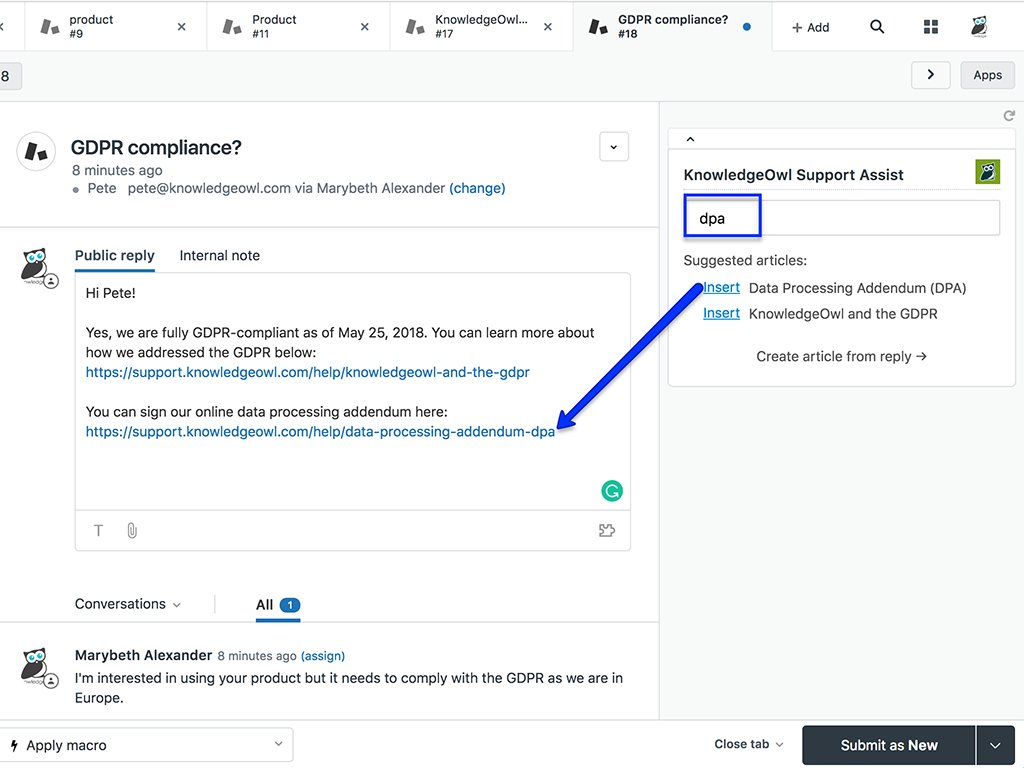 KnowledgeOwl Support Assist App Integration with Zendesk Support