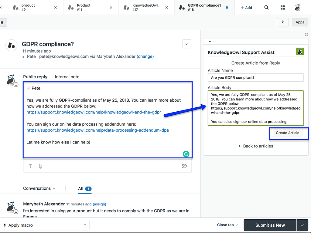 KnowledgeOwl Support Assist App Integration with Zendesk Support